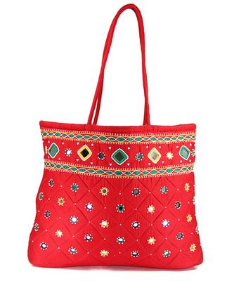 Womens Cottage Red Cotton Border Patch Work Bag 1