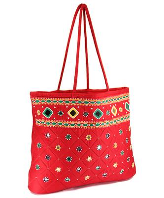 Womens Cottage Red Cotton Border Patch Work Bag 3