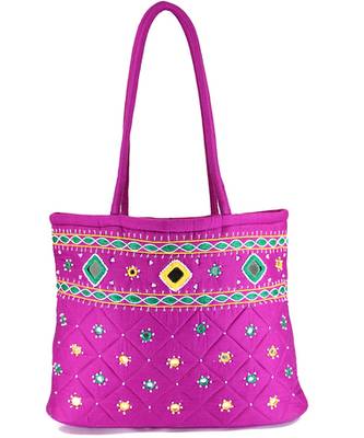 Womens Cottage Magenta Cotton Border Patch Work Small Bag 1