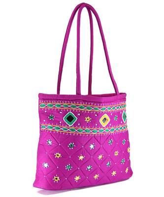 Womens Cottage Magenta Cotton Border Patch Work Small Bag 3