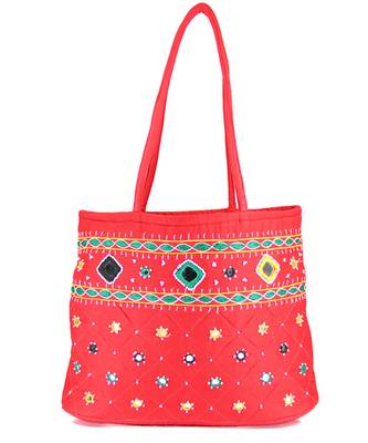 Womens Cottage Red Cotton Border Patch Work Small Bag 1