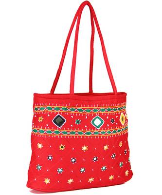 Womens Cottage Red Cotton Border Patch Work Small Bag 3