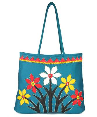 Womens Cottage Blue Cotton Flower Bunch Patch Work Bag 1