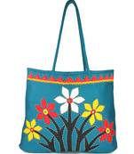 Womens Cottage Blue Cotton Flower Bunch Patch Work Bag