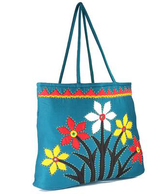 Womens Cottage Blue Cotton Flower Bunch Patch Work Bag 3