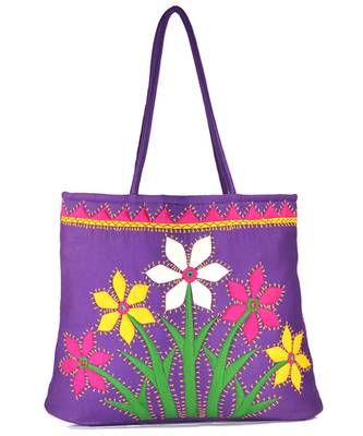 Womens Cottage Purple Cotton Flower Bunch Patch Work Bag 1