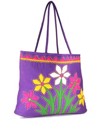 Womens Cottage Purple Cotton Flower Bunch Patch Work Bag 3