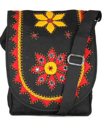 Womens Cottage Black Cotton Patch Work Collage Bag 1