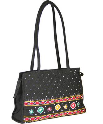 Womens Cottage Black Cotton Patch Work Square Bag 2