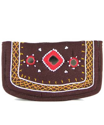 Womens Cottage Brown Cotton Small Mirror Patch Work Hand Purse 1