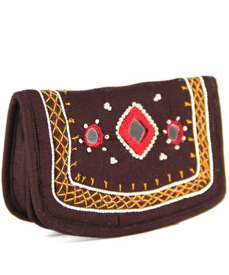 Womens Cottage Brown Cotton Small Mirror Patch Work Hand Purse 2
