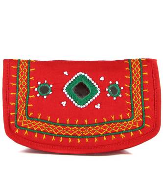 Womens Cottage Red Cotton Small Mirror Patch Work Hand Purse 1