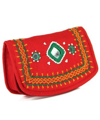Womens Cottage Red Cotton Small Mirror Patch Work Hand Purse 2