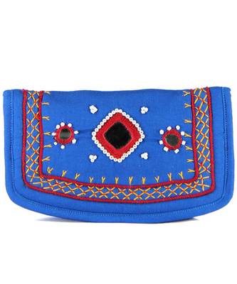 Womens Cottage Turquoise Cotton Small Mirror Patch Work Hand Purse 1