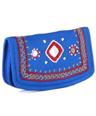 Womens Cottage Turquoise Cotton Small Mirror Patch Work Hand Purse 2