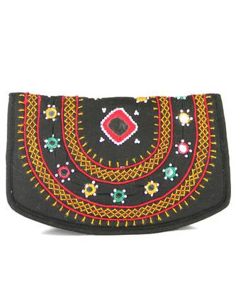 Womens Cottage Black Cotton Big Mirror Patch Work Hand Purse 1