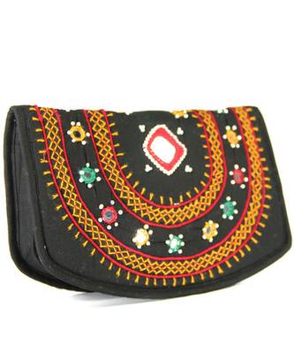 Womens Cottage Black Cotton Big Mirror Patch Work Hand Purse 2