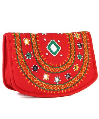 Womens Cottage Red Cotton Big Mirror Patch Work Hand Purse 1