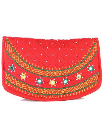 Womens Cottage Red Cotton Big Round Patch Work Hand Purse 1
