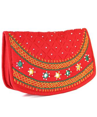 Womens Cottage Red Cotton Big Round Patch Work Hand Purse 2