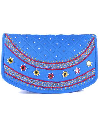Womens Cottage Turquoise Cotton Big Round Patch Work Hand Purse 1