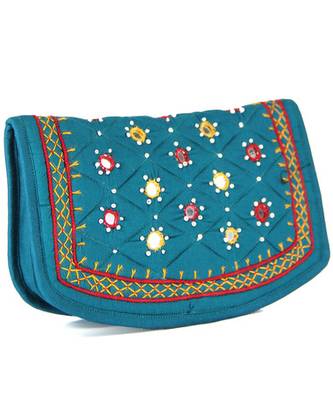 Womens Cottage Blue Cotton Big Jali Patch Work Hand Purse 2