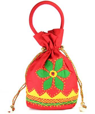 Womens Cottage Red Cotton Medium Patch Work Batwa Purse 1