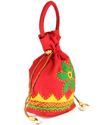 Womens Cottage Red Cotton Medium Patch Work Batwa Purse 2