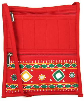 Womens Cottage Red Cotton Big Patch Work Side Purse 1