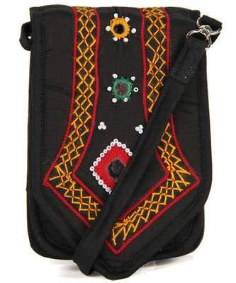 Womens Cottage Black Cotton Patch Work Mobile Pouch 1