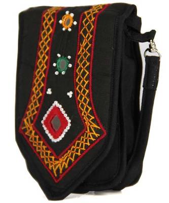 Womens Cottage Black Cotton Patch Work Mobile Pouch 2