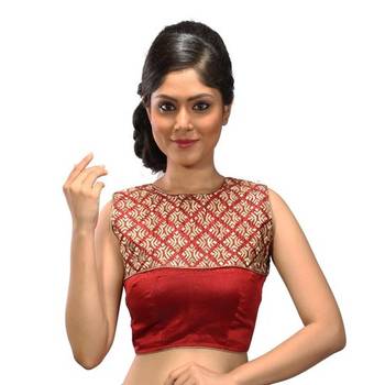 Maroon brocade and dupion silk stitched readymade blouse 1