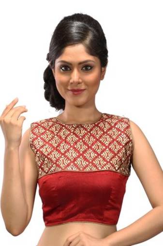 Maroon brocade and dupion silk stitched readymade blouse