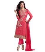 Pink cotton embroidered semi stitiched salwar with dupatta