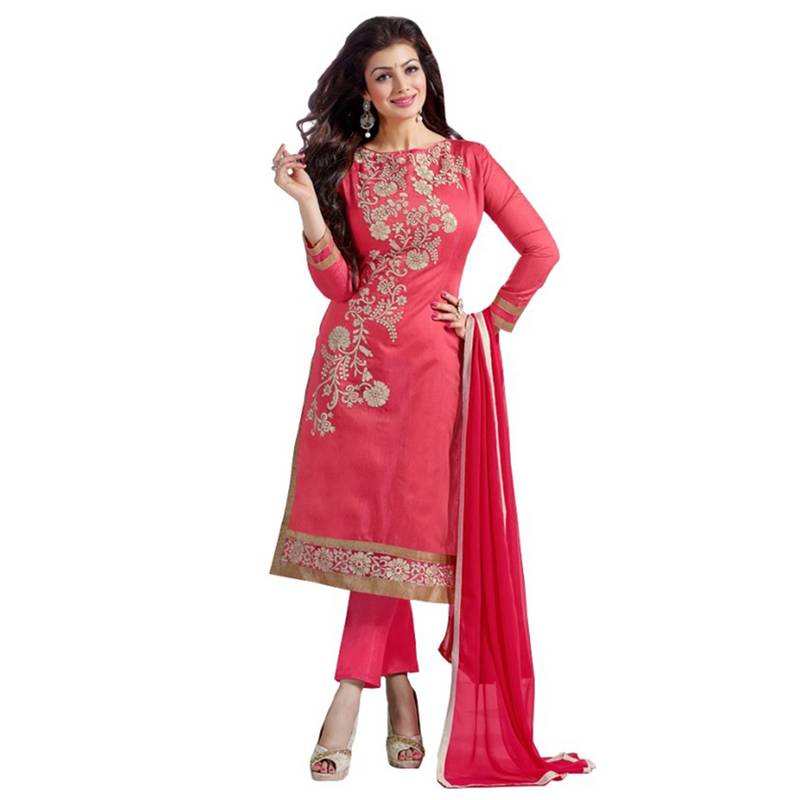 Pink cotton embroidered semi stitiched salwar with dupatta