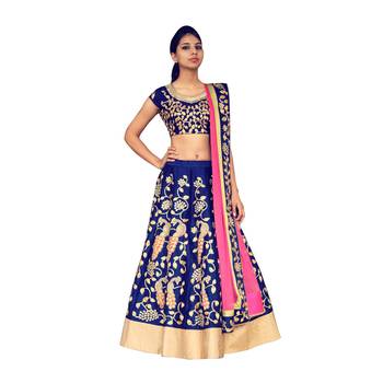 Fabron Royal blue dori work raw silk semi stitched lehenga choli material with light pink dupatta 1