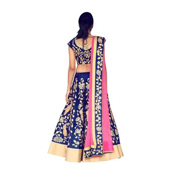 Fabron Royal blue dori work raw silk semi stitched lehenga choli material with light pink dupatta 2