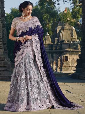 navy blue embroidered georgette saree with blouse 1