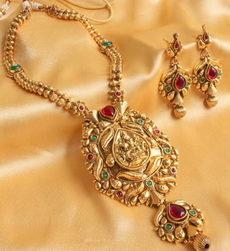 Gorgeous Royal Long Antique Lakshmi Kemp Haar Set - DREAMJWELL - 134669