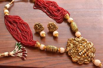 Temple Jewellery with pearl & semi-precious stone Grand gold plated Necklace Set 3