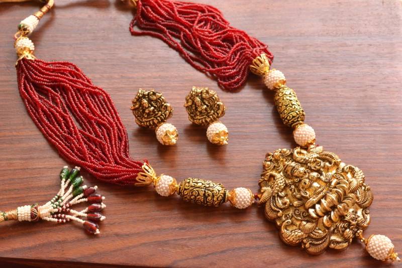 Temple Jewellery with pearl & semi-precious stone Grand gold plated Necklace Set