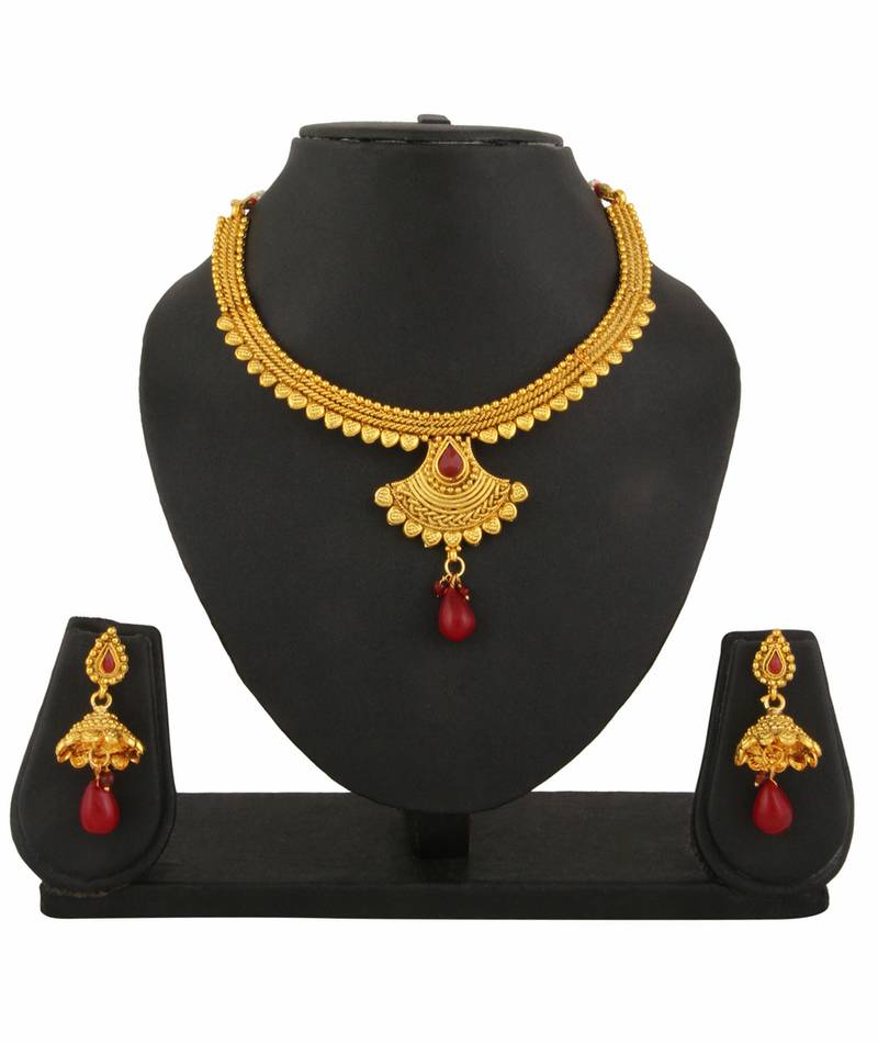 Gold Plated Ruby Necklace Earrings Set For Women