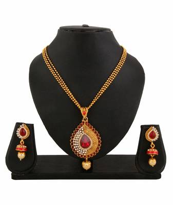 Gold Plated Red Pendant Earrings Set For Women 1