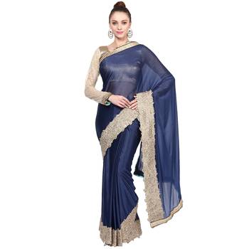 Blue Embroidered Lycra Saree With Blouse 1