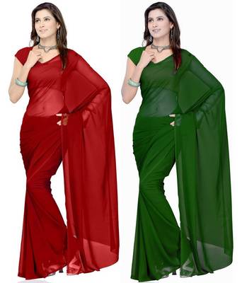 Red and green plain georgette saree With Blouse 1