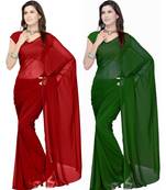 Red and green plain georgette saree With Blouse
