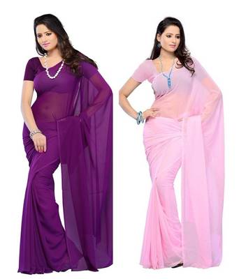 Purple and pink plain georgette saree With Blouse 1