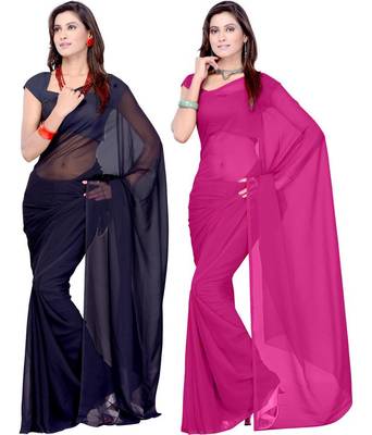Pink and black plain georgette saree With Blouse 1