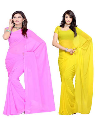 Pink and Yellow plain georgette saree with blouse 1