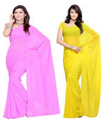 Pink and Yellow plain georgette saree with blouse